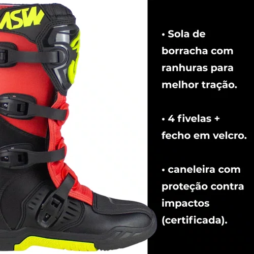 Bota Off Road ASW Image Enduro Preta Vermelha Amarela Fluo