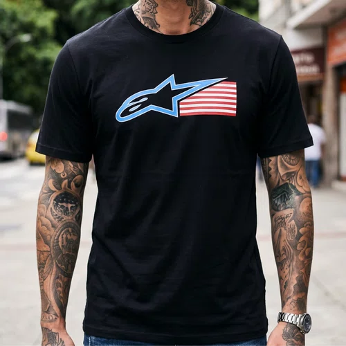 Camiseta Alpinestars Racing USA Preto Original Manga Curta