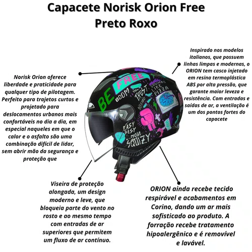 Capacete Aberto Norisk Orion SV Free Preto Roxo