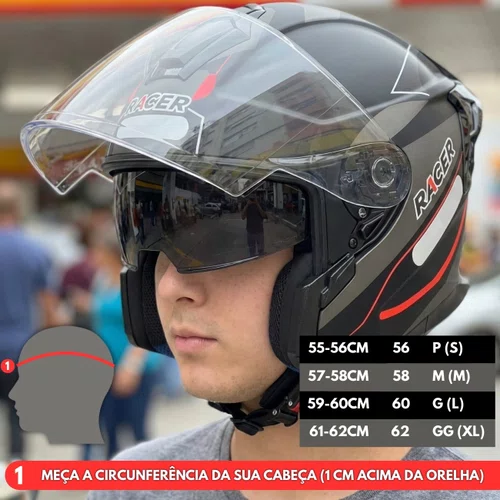 Capacete Aberto Racer1 Rc3 Wind-R Horizon Preto Cinza Vermelho