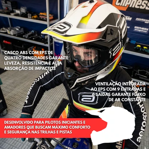 Capacete Asw Motocross R3 Pure Branco Preto Vermelho Amarelo