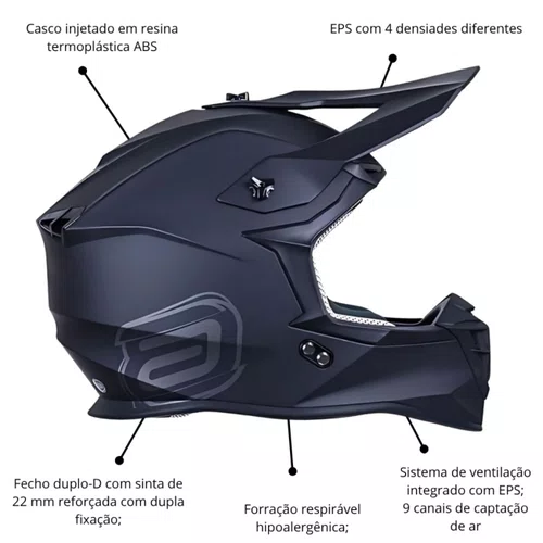 Capacete Off Road Asw R3 Solid Preto