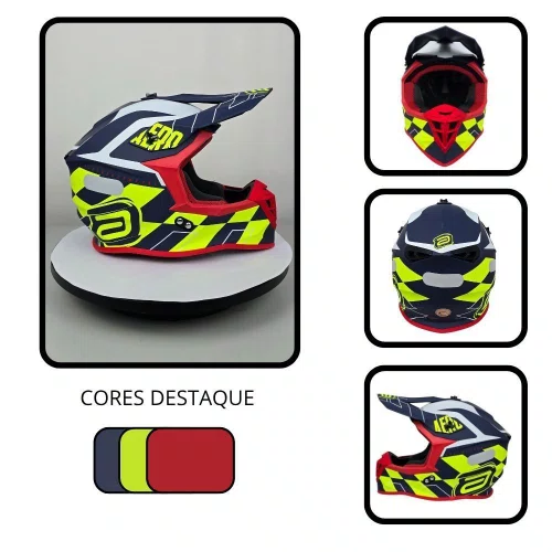 Capacete Off Road Asw R3 Victorious Azul Amarelo Fluo Branco