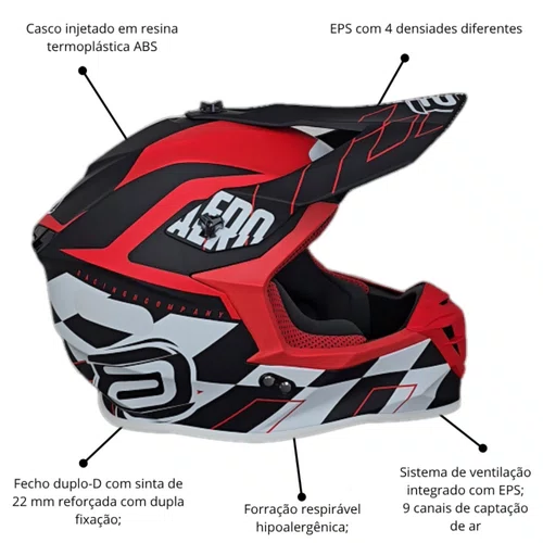 Capacete Off Road Asw R3 Victorious Preto Branco Vermelho