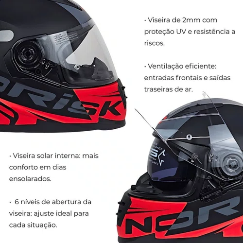 Capacete Fechado Norisk FF302 Manty Preto fosco Vermelho