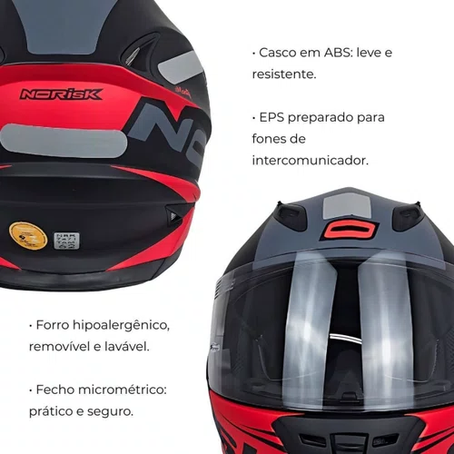 Capacete Fechado Norisk FF302 Manty Preto fosco Vermelho