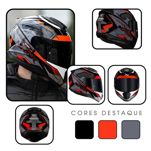 Capacete Fechado Norisk Razor Speedmax Preto Cinza Laranja