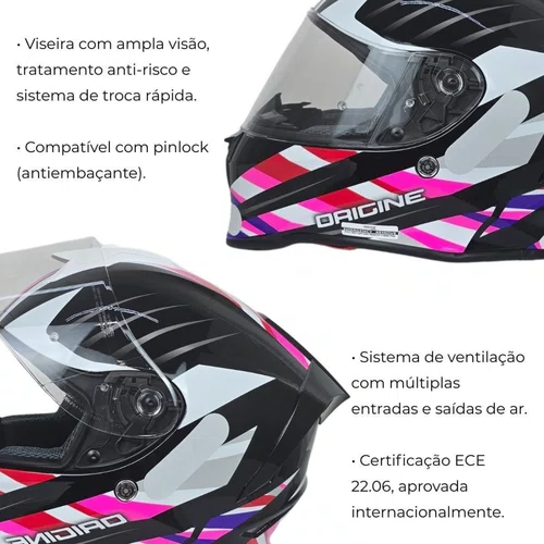 Capacete Fechado Origine Dinamo Foolish Rosa Preto Brilho