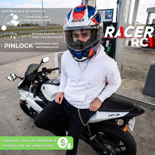 Capacete Fechado Racer1 Rc1 Icone Azul Branco Vermelho Mais Viseira Rc1 Fume