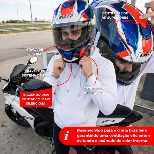 Capacete Fechado Racer1 Rc1 Icone Azul Branco Vermelho Mais Viseira Rc1 Fume