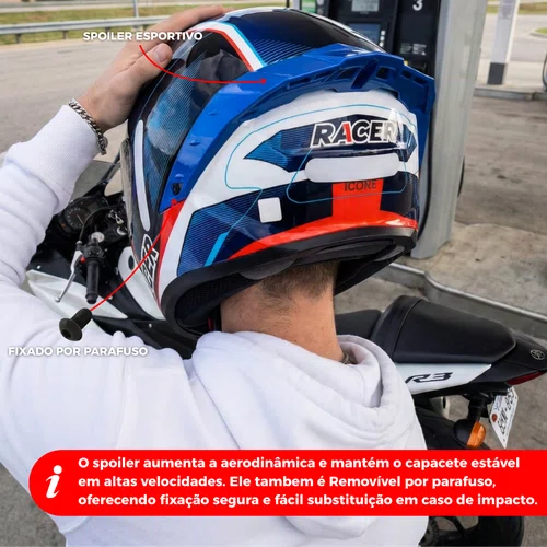 Capacete Fechado Racer1 Rc1 Icone Azul Branco Vermelho Mais Viseira Rc1 Fume