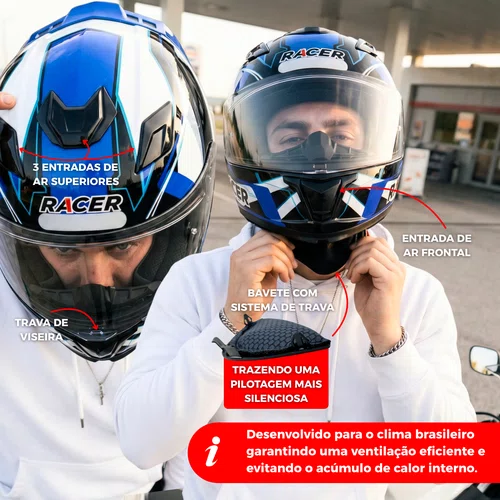 Capacete Fechado Racer1 Rc1 Icone Branco Preto Azul