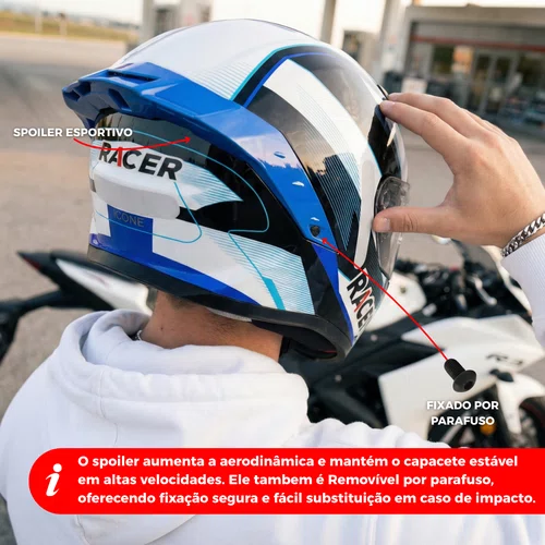 Capacete Fechado Racer1 Rc1 Icone Branco Preto Azul