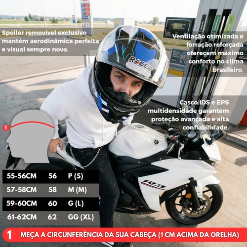 Capacete Fechado Racer1 Rc1 Icone Branco Preto Azul