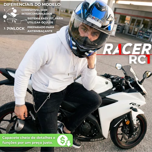 Capacete Fechado Racer1 Rc1 Icone Branco Preto Azul Mais Viseira Rc1 Fume
