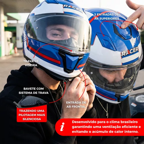 Capacete Fechado Racer1 Rc1 Nava Azul Branco Vermelho
