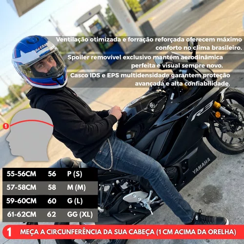 Capacete Fechado Racer1 Rc1 Nava Azul Branco Vermelho Mais Viseira Rc1 Fume