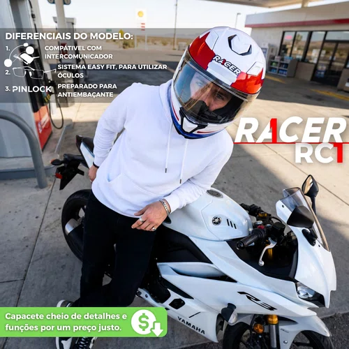 Capacete Fechado Racer1 Rc1 Nava Branco Azul Vermelho
