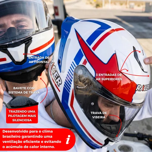 Capacete Fechado Racer1 Rc1 Nava Branco Azul Vermelho Mais Viseira Rc1 Fume