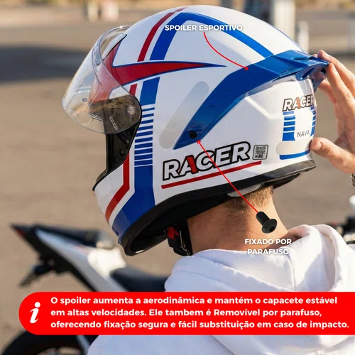 Capacete Fechado Racer1 Rc1 Nava Branco Azul Vermelho Mais Viseira Rc1 Fume