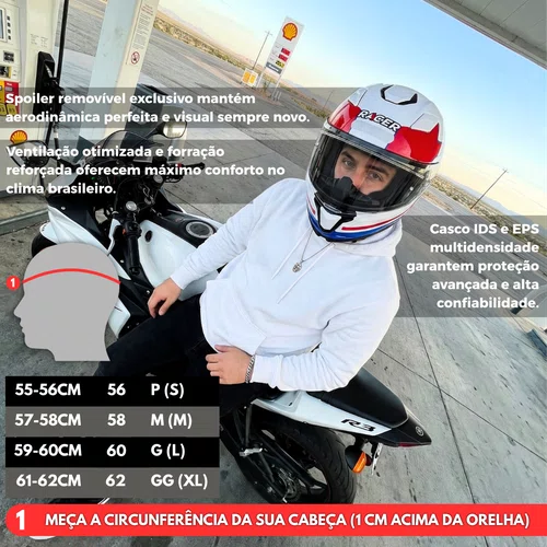 Capacete Fechado Racer1 Rc1 Nava Branco Azul Vermelho Mais Viseira Rc1 Fume