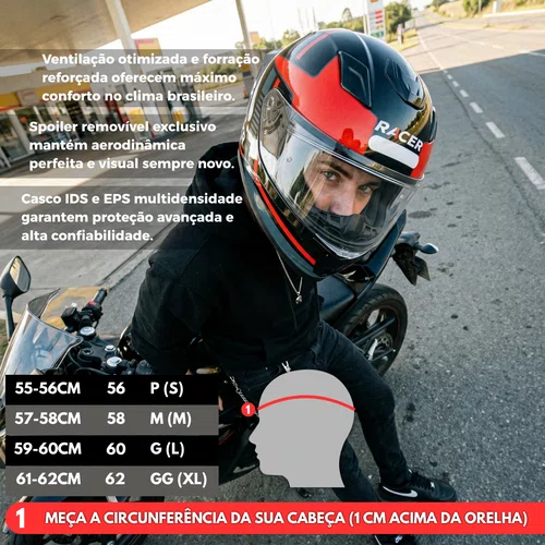 Capacete Fechado Racer1 Rc1 Nava Preto Cinza Vermelho Mais Viseira Rc1 Fume