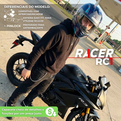Capacete Fechado Racer1 Rc1 Octane Azul Cinza Vermelho