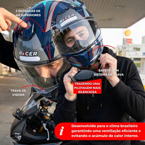 Capacete Fechado Racer1 Rc1 Octane Azul Cinza Vermelho Mais Viseira Rc1 Fume