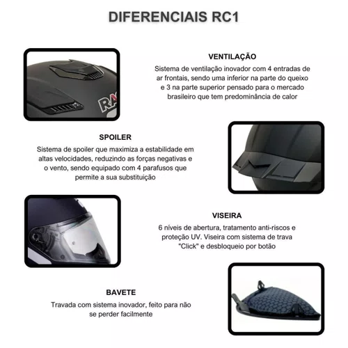 Capacete Fechado Racer1 Rc1 Preto Fosco