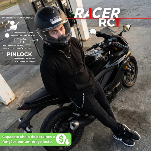 Capacete Fechado Racer1 Rc1 Preto Fosco Mais Viseira Rc1 Fumê
