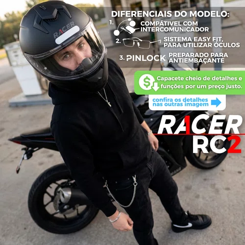 Capacete Fechado Racer1 Rc2 Start Monocolor Preto Fosco
