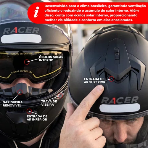 Capacete Fechado Racer1 Rc2 Start Monocolor Preto Fosco