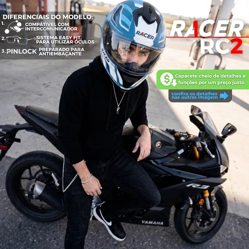 Capacete Fechado Racer1 Rc2 Start Spirit Azul Branco Prata