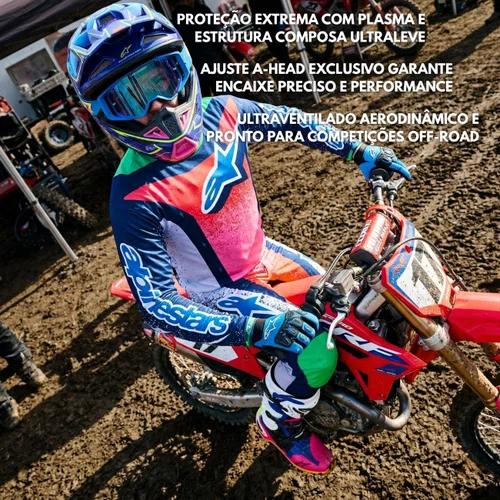 Capacete Motocross Off Road Alpinestars SM7 Cast Azul Rosa Amarelo