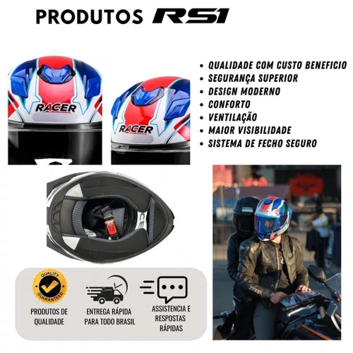 Capacete Fechado Racer1 Rc1 Icone Azul Branco Vermelho Mais Viseira Rc1 Fume