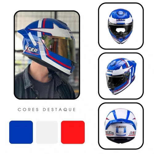 Capacete Fechado Racer1 Rc1 Nava Azul Branco Vermelho Mais Viseira Rc1 Fume