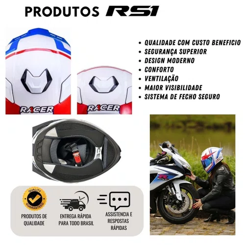 Capacete Fechado Racer1 Rc1 Nava Branco Azul Vermelho Mais Viseira Rc1 Fume