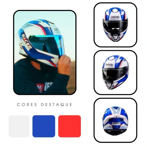 Capacete Fechado Racer1 Rc1 Octane Branco Azul Vermelho Mais Viseira Rc1 Fume