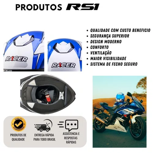 Capacete Fechado Racer1 Rc1 Octane Branco Azul Vermelho Mais Viseira Rc1 Fume