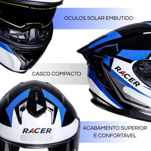 Capacete Fechado Racer1 Rc2 Start Attitude Preto Branco Azul