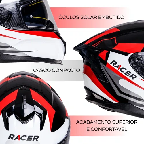 Capacete Fechado Racer1 Rc2 Start Attitude Preto Branco Vermelho