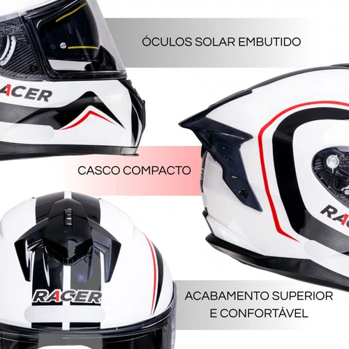 Capacete Fechado Racer1 Rc2 Start Brave Branco Preto Vermelho