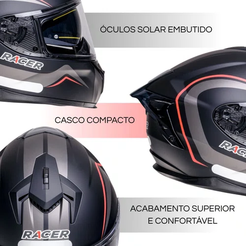Capacete Fechado Racer1 Rc2 Start Brave Preto Cinza Vermelho