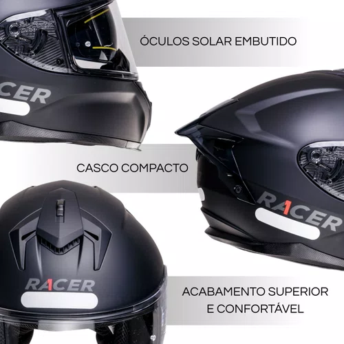 Capacete Fechado Racer1 Rc2 Start Monocolor Preto Fosco