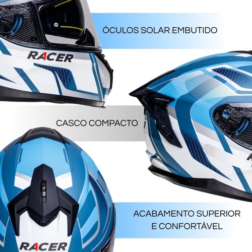 Capacete Fechado Racer1 Rc2 Start Spirit Azul Branco Prata