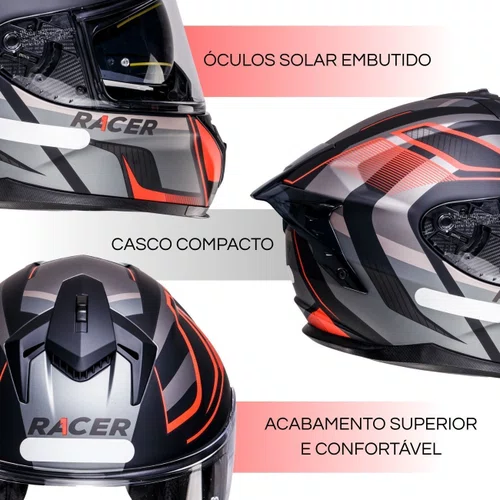 Capacete Fechado Racer1 Rc2 Start Spirit Preto Cinza Vermelho