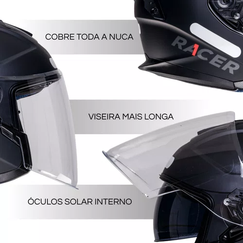 Capacete Aberto Racer1 Rc3 Wind-R Monocolor Preto Fosco