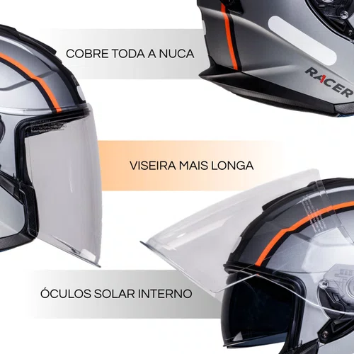 Capacete Aberto Racer1 Rc3 Wind-R Voyager Cinza Preto Laranja
