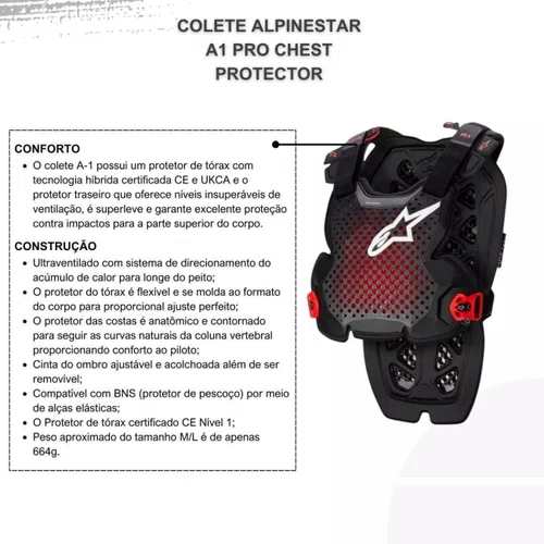 Colete Alpinestars A1 Pro Chest Protector Preto Vermelho Original
