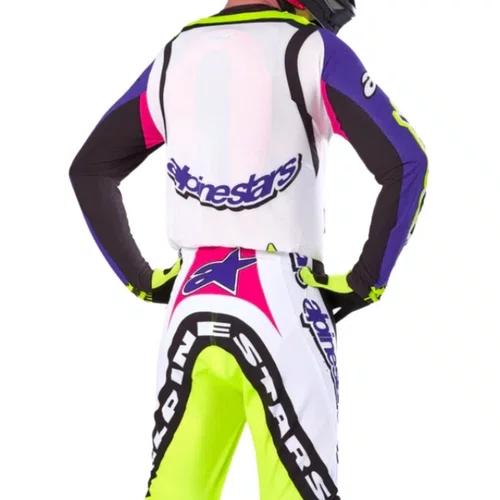 Conjunto Alpinestars Supertech SX Dirt Studios Branco Roxo Amarelo